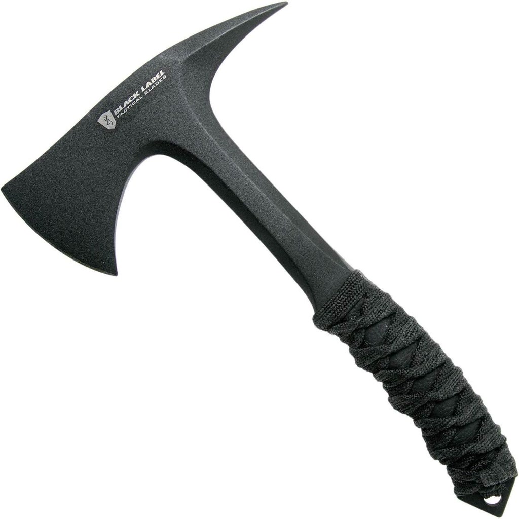 This is a tactical tomahawk with a black finish. The head of the tomahawk features a sharp, curved edge on one side and a pointed spike on the opposite side. The handle appears to be sturdy, constructed from a durable material, and is wrapped in a black cord for improved grip. There is a small circular hole at the bottom of the handle, likely for attachment to a lanyard or strap. The tomahawk has a discreetly placed logo near the top of the head, on the flat surface.